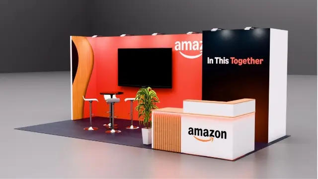 10×20 Inline Booth With Large TV and Wood-Slat Counter