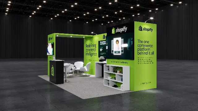 10×20 Inline Booth With Lime Green Entry Arch and Shelving Tower