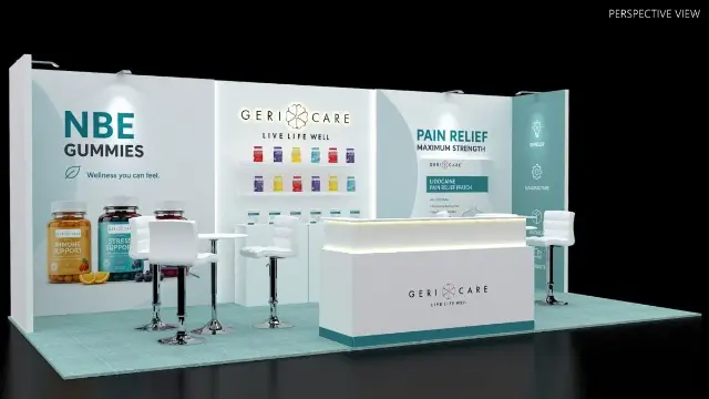 10×20 Inline Booth With Lit Bar Counter and Product Shelf Wall