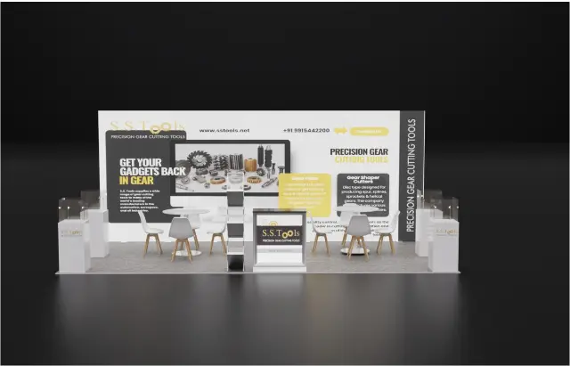 10×20 Inline Booth With Lit Counter and Four Glass Display Pedestals