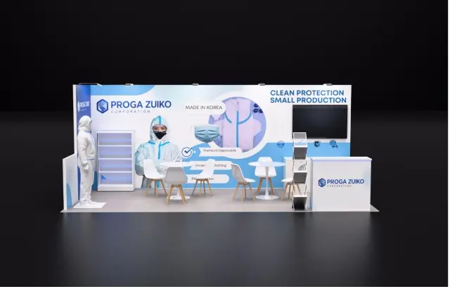 10×20 Inline Booth With Lit Shelf Unit and TV Wall