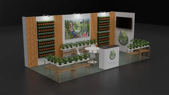 10×20 Inline Booth With Living Flower Walls and Wood Slat Accents