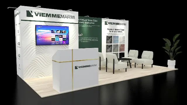 10×20 Inline Booth With Lounge and Stone Sample Wall