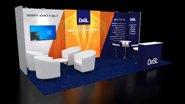 10×20 Inline Booth With Lounge Seating and Wall-Mounted TV