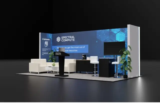 10×20 Inline Booth With Lounge Sofas and Meeting Lectern