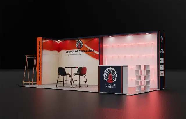 10×20 Inline Booth With Neon-Lit Shelf Wall and Rotating Display Tower