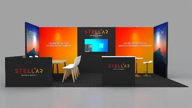 10×20 Inline Booth With Orange Gradient Walls and Two Counters