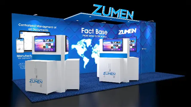 10×20 Inline Booth With Overhead Canopy Logo and Twin TV Demo Kiosks