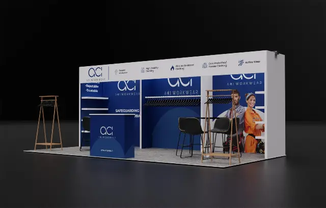 10×20 Inline Booth With Overhead Header Frame and Garment Display Racks