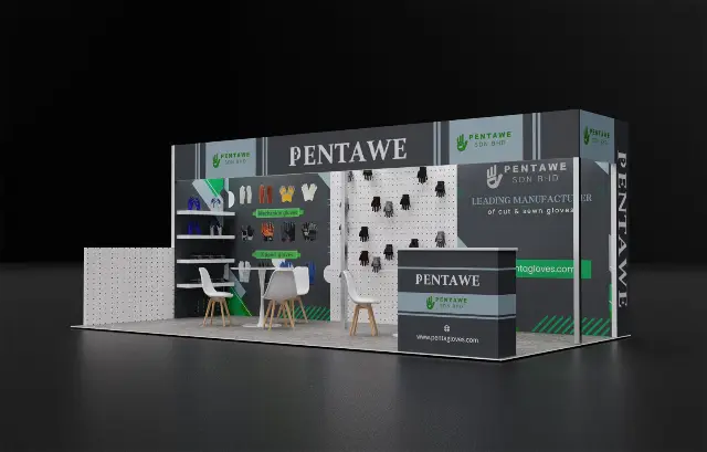 10×20 Inline Booth With Pegboard Product Walls and Overhead Header Frame