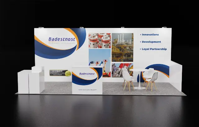 10×20 Inline Booth With Photo Collage Back Wall and Meeting Table