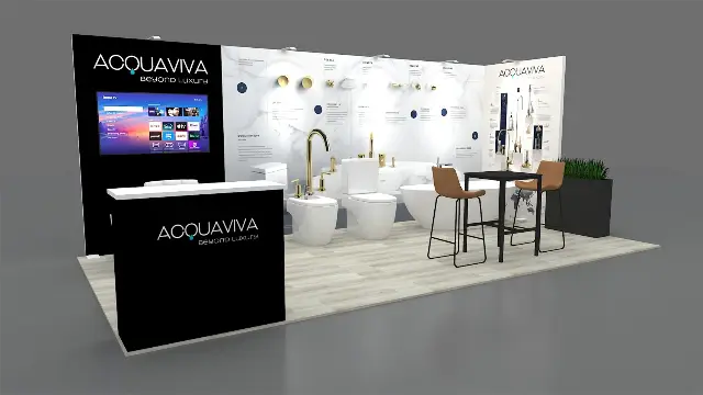 10×20 Inline Booth With Product Display Area and Black Graphic Tower