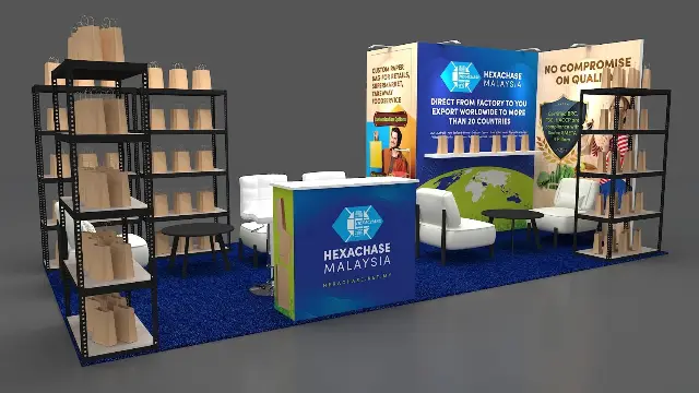 10×20 Inline Booth With Product Shelving and Lounge