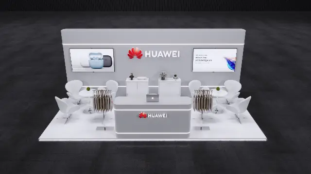 10×20 Inline Booth With Raised LED-Edged Platform and Curved Reception Counter