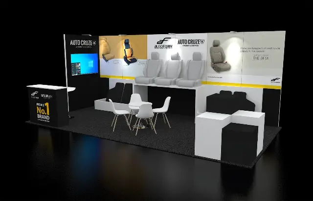 10×20 Inline Booth With Raised Product Display Plinths and TV