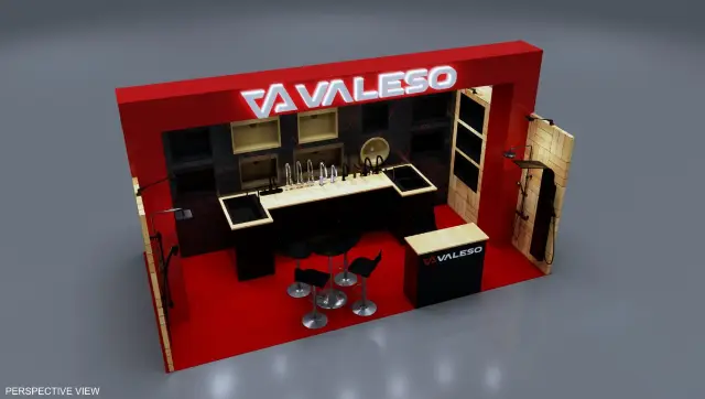10×20 Inline Booth With Red Header Frame and Display Sink Counter