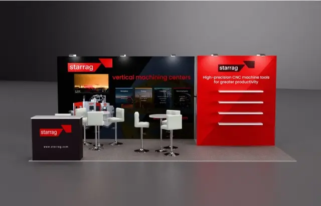 10×20 Inline Booth With Red Product Wall and Storage Closet