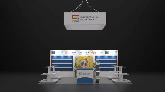 10×20 Inline Booth With Shelf Alcoves and Rectangle Hanging Sign