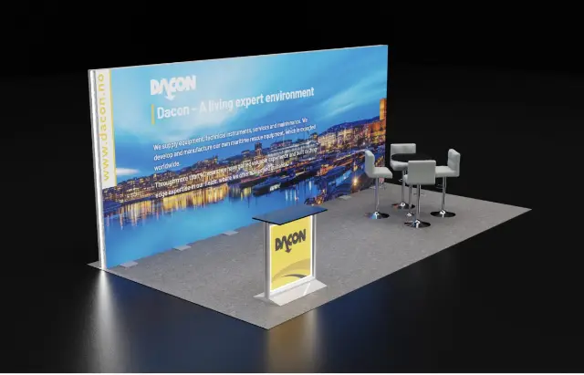10×20 Inline Booth With Skyline Graphic Wall and Lit Lectern Counter