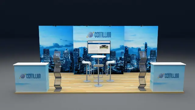 10×20 Inline Booth With Skyline Graphic Wall and Twin Counters