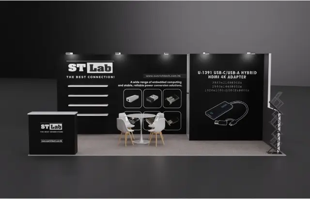 10×20 Inline Booth With Storage Closet and Floating Wall Shelves