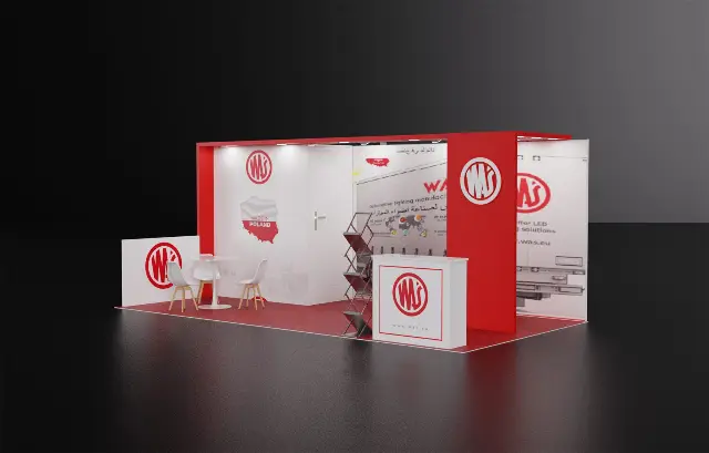 10×20 Inline Booth With Storage Room and Red Frame Header