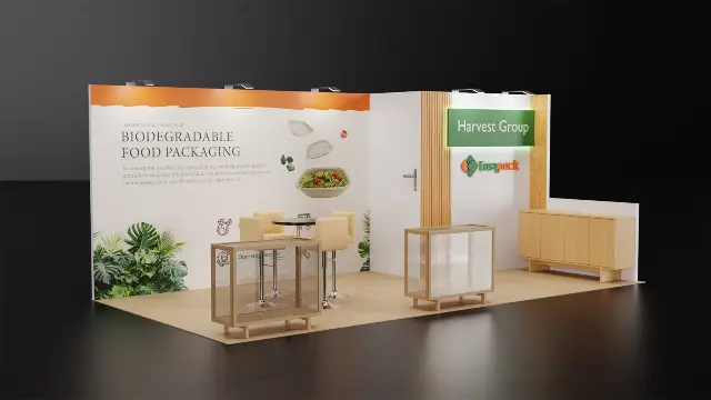 10×20 Inline Booth With Storage Room and Wood-Frame Glass Showcases