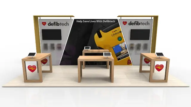 10×20 Inline Booth With Tablet Demo Tables and Twin TVs