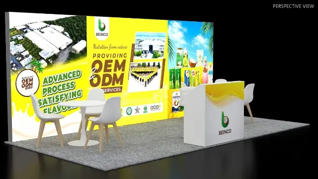 10×20 Inline Booth With Three-Panel Product Wall and Reception Counter