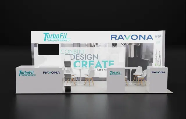 10×20 Inline Booth With Three White Counter Blocks and Photo Wall