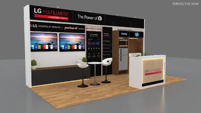 10×20 Inline Booth With Twin Wall Screens and Backlit Reception Counter