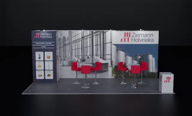 10×20 Inline Booth With Two Bar-Height Tables and Product Tower Panel
