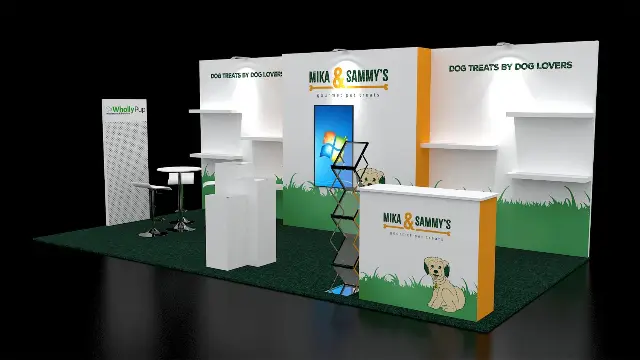 10×20 Inline Booth With Vertical Digital Screen and Product Display Shelves