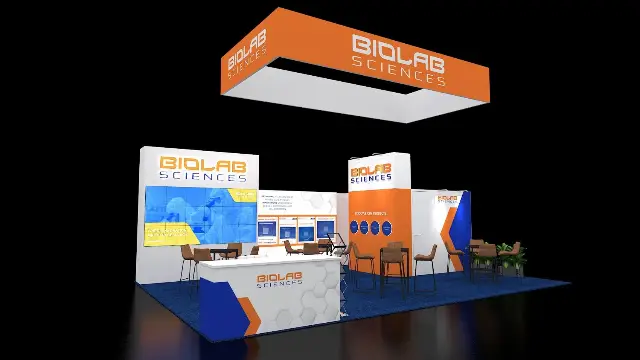 20×30 Peninsula Booth With Video Wall and Hanging Sign