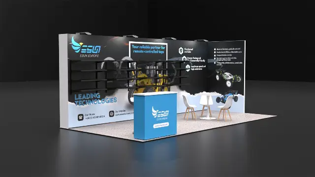 10×20 Inline Booth With Wall-Mounted Product Shelving and Side Return Wall