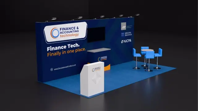 10×20 Inline Booth With Wall-Mounted TV and Bar Table Seating