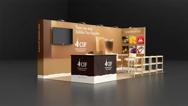 10×20 Inline Booth With Wall-Mounted TV and Wooden Display Shelves