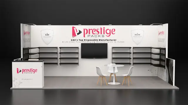 10×20 Inline Booth With Wall Shelving and Central TV