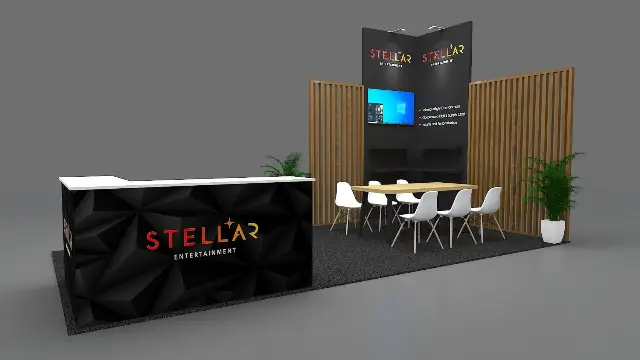 10×20 Inline Booth With Wood Slats and Meeting Table