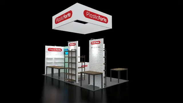 10×20 Island Booth With Square Hanging Sign and Open Shelving