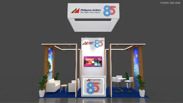 10×20 Island Booth With Square Hanging Sign and Wood Portal Frames