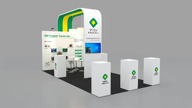 10×20 Peninsula Booth With Curved Arch Header and Display Pedestals