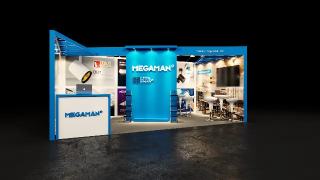 10×30 Corner Booth With Central Blue Logo Pillar and Slatted Canopy