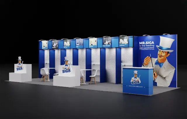 10×30 Inline Booth With Backlit Header Lightboxes and Pegboard Display Bays
