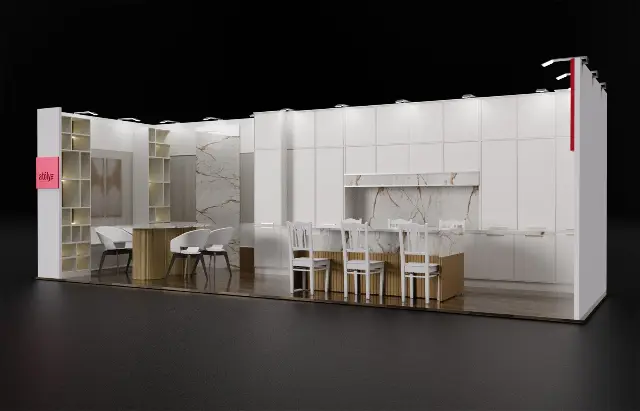10×30 Inline Booth With Built-In Kitchen Cabinetry and Dining Area