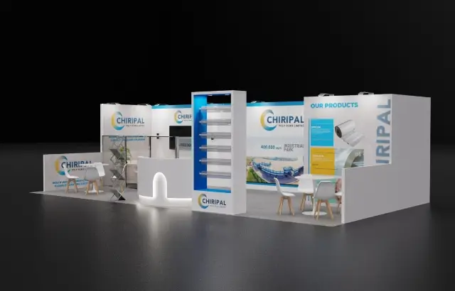 10×30 Inline Booth With Curved Lit Counter and Lit Display Tower