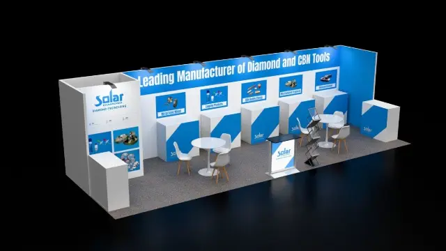 10×30 Inline Booth With Five Product Pedestals and Header Banner