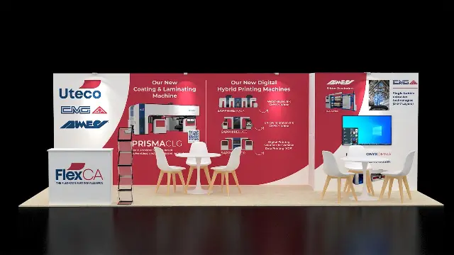 10×30 Inline Booth With Full-Width Graphic Wall and Two Bistro Sets