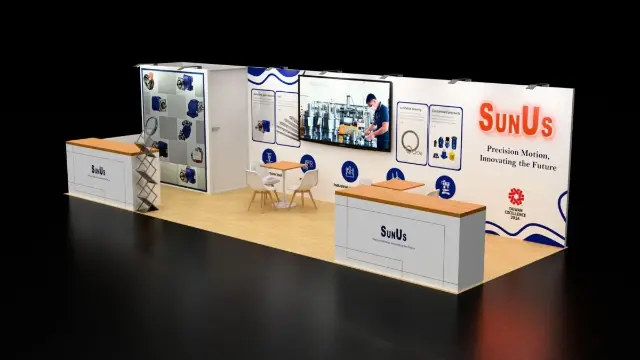 10×30 Inline Booth With Large TV and Twin Wood-Top Counters