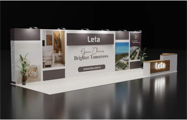 10×30 Inline Booth With Long Graphic Wall and Wood-Look Reception Counter